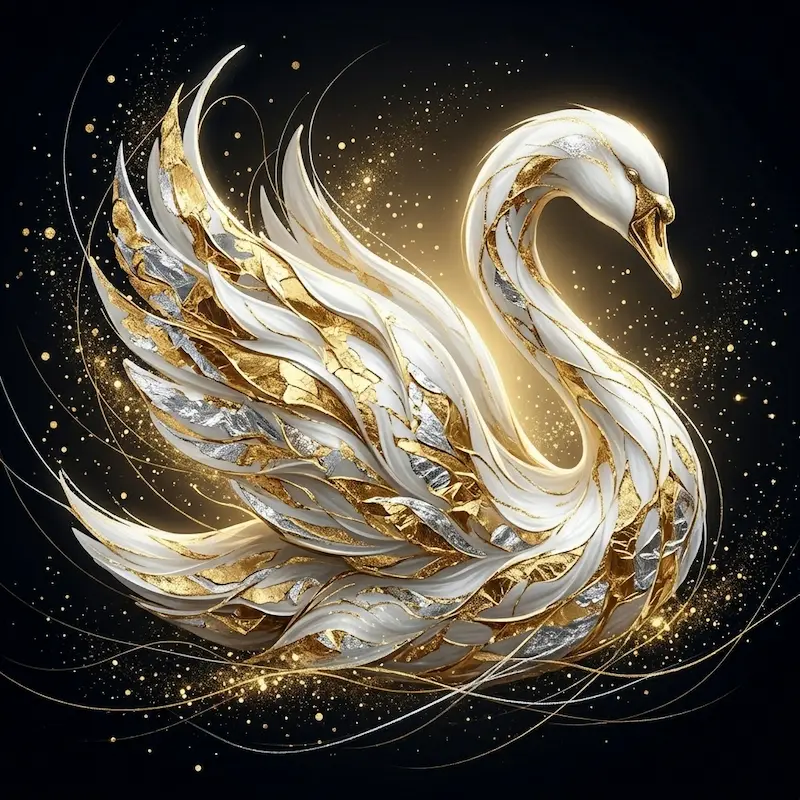 Elegant white swan with gold accents on a black background, Swan Lake ballet by Soul of Classical Ballet — Ukrainian Ballet of Peace & Ukrainian Ballet of Odessa